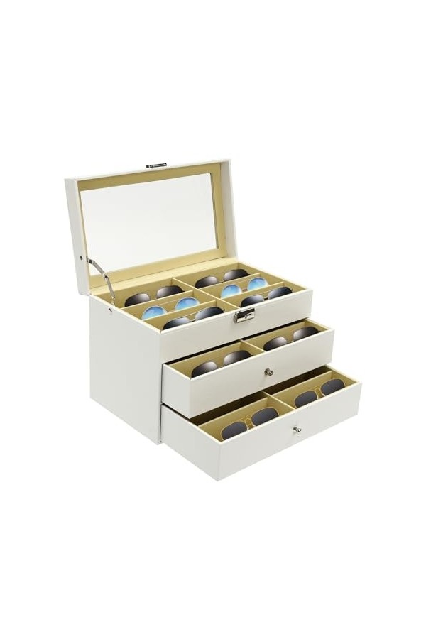Kaichenyt Boîte à lunettes 3 couches pour ranger 18 lunettes en cuir synthétique avec serrure et clé Blanc 33,2 x 7,48 x 8,86