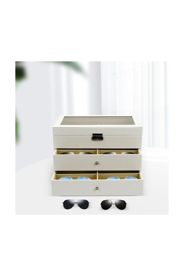 Kaichenyt Boîte à lunettes 3 couches pour ranger 18 lunettes en cuir synthétique avec serrure et clé Blanc 33,2 x 7,48 x 8,86