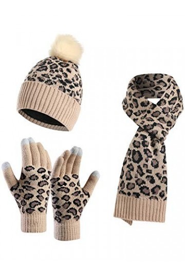 YoungSoul Ensemble Bonnet Écharpe Gants Femme, Bonnet en Maille à Imprimé Léopard avec Pompon en Fausse Fourrure, Gants pour 