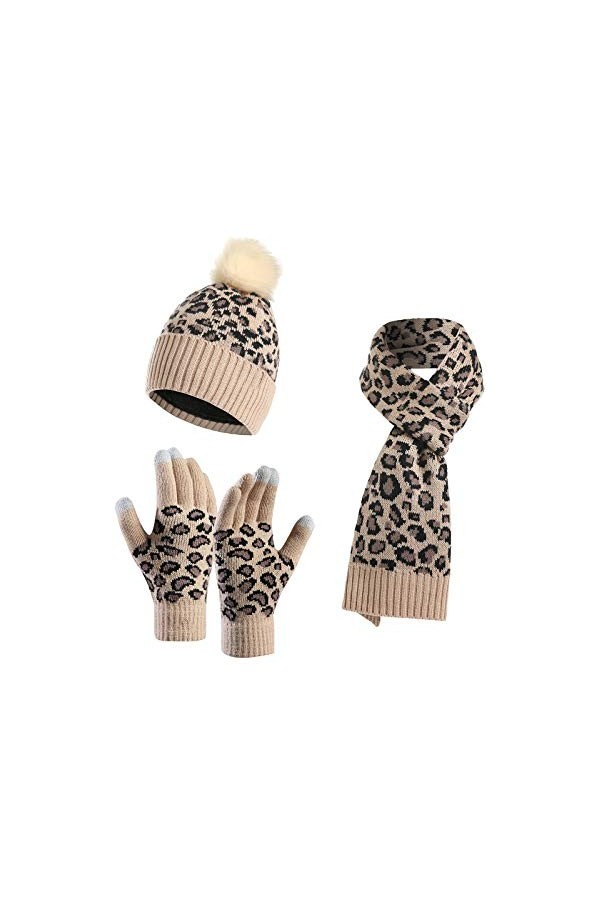YoungSoul Ensemble Bonnet Écharpe Gants Femme, Bonnet en Maille à Imprimé Léopard avec Pompon en Fausse Fourrure, Gants pour