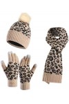 YoungSoul Ensemble Bonnet Écharpe Gants Femme, Bonnet en Maille à Imprimé Léopard avec Pompon en Fausse Fourrure, Gants pour 