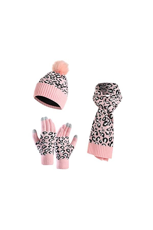 YoungSoul Ensemble Bonnet Écharpe Gants Femme, Bonnet en Maille à Imprimé Léopard avec Pompon en Fausse Fourrure, Gants pour 