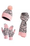 YoungSoul Ensemble Bonnet Écharpe Gants Femme, Bonnet en Maille à Imprimé Léopard avec Pompon en Fausse Fourrure, Gants pour 