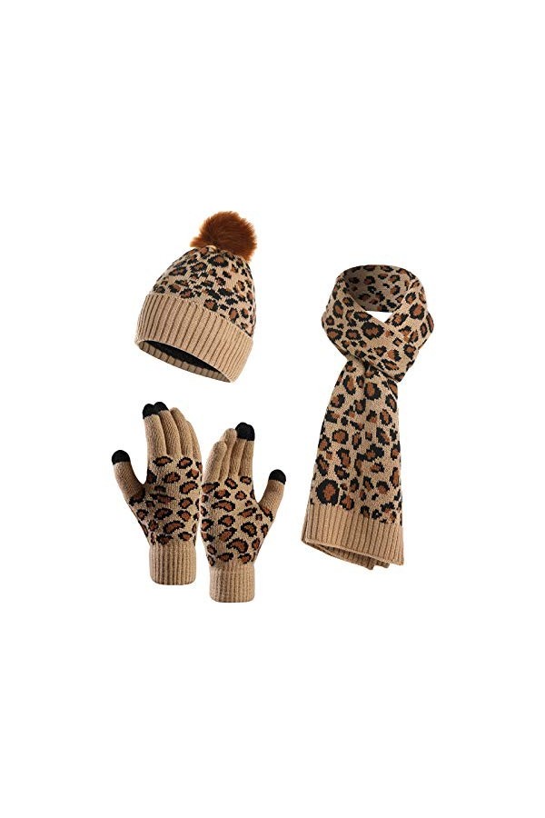 YoungSoul Ensemble Bonnet Écharpe Gants Femme, Bonnet en Maille à Imprimé Léopard avec Pompon en Fausse Fourrure, Gants pour 