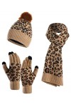 YoungSoul Ensemble Bonnet Écharpe Gants Femme, Bonnet en Maille à Imprimé Léopard avec Pompon en Fausse Fourrure, Gants pour 