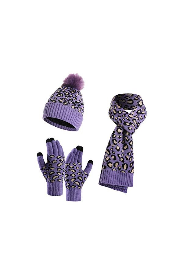 YoungSoul Ensemble Bonnet Écharpe Gants Femme, Bonnet en Maille à Imprimé Léopard avec Pompon en Fausse Fourrure, Gants pour 