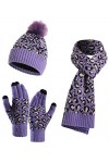YoungSoul Ensemble Bonnet Écharpe Gants Femme, Bonnet en Maille à Imprimé Léopard avec Pompon en Fausse Fourrure, Gants pour 