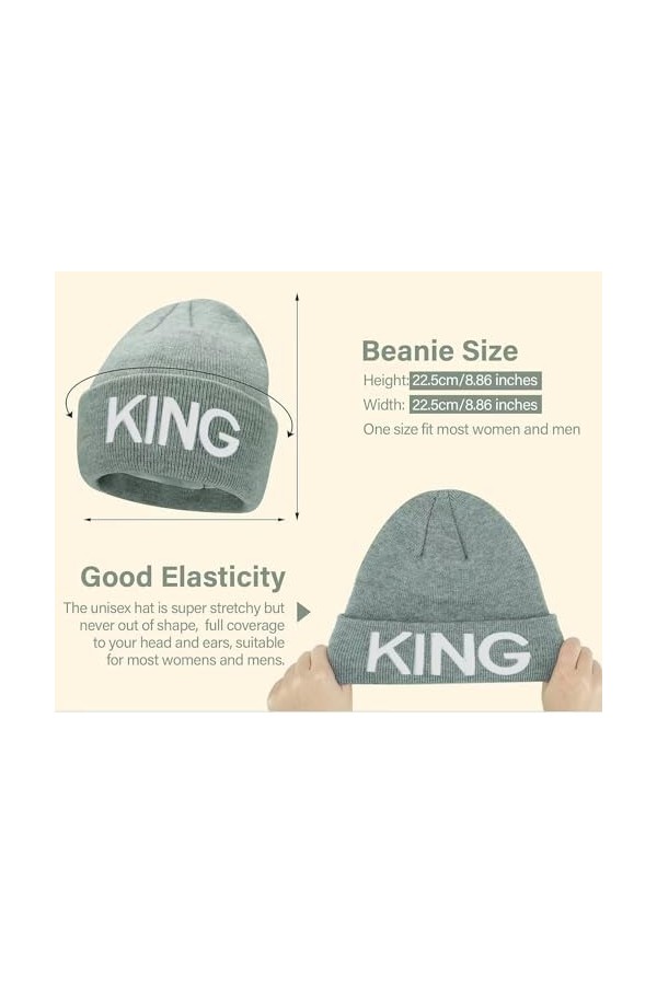 Gkmamrg Bonnet dhiver en tricot pour couple de Noël - King Queen - Gris et beige, Noir , 50-58