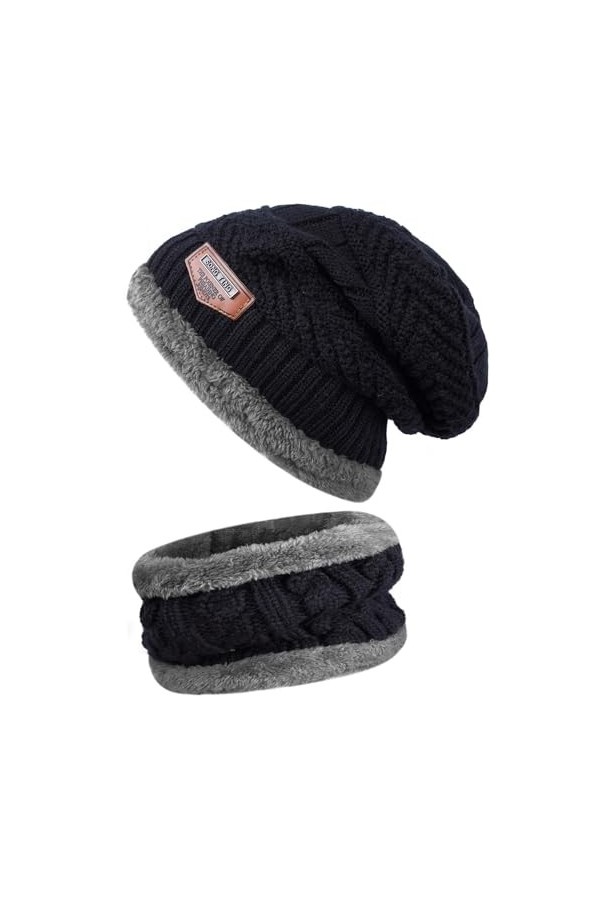 ANCEER Ensemble 3 en 1 bonnet dhiver et écharpe, bleu foncé, taille unique