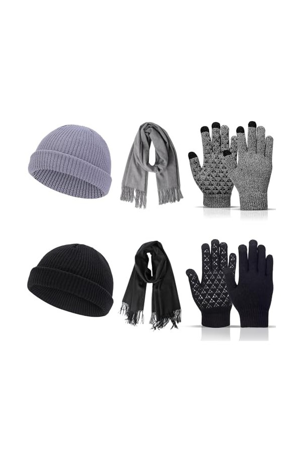 Riomijun Ensemble de 6 chapeaux, écharpe et gants dhiver pour hommes et femmes, bonnet tricoté à la mode, gants pour écran t