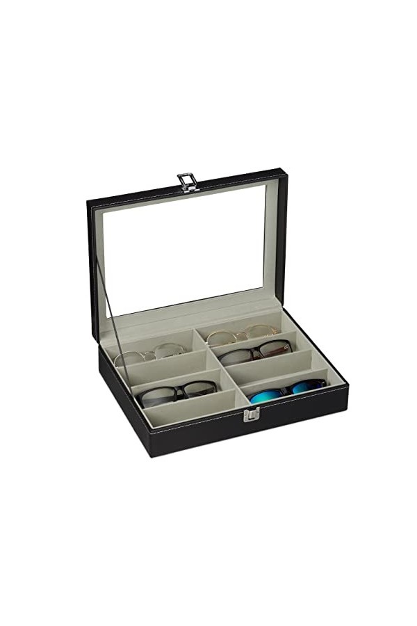 Relaxdays Etui à Lunettes pour 8 Paires, Rangement à Lunettes de Soleil, 8,5 x 33,5 x 24,5 cm, Coffre en Cuir, Noir