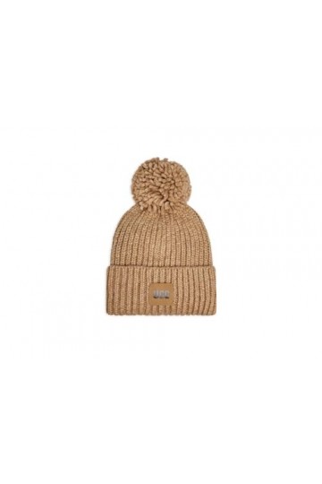 UGG W Bonnet en Tricot côtelé avec Pompon, Camel, Taille Unique Femme