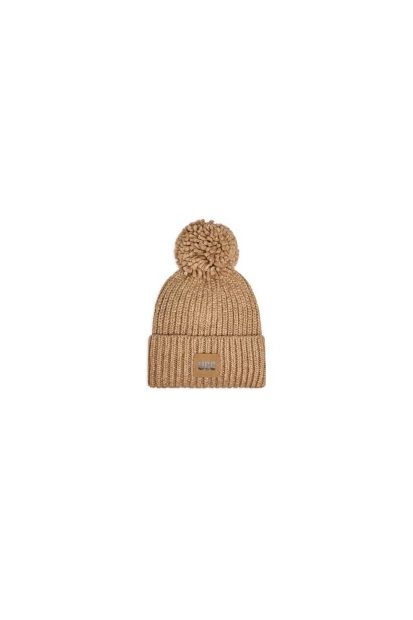 UGG W Bonnet en Tricot côtelé avec Pompon, Camel, Taille Unique Femme
