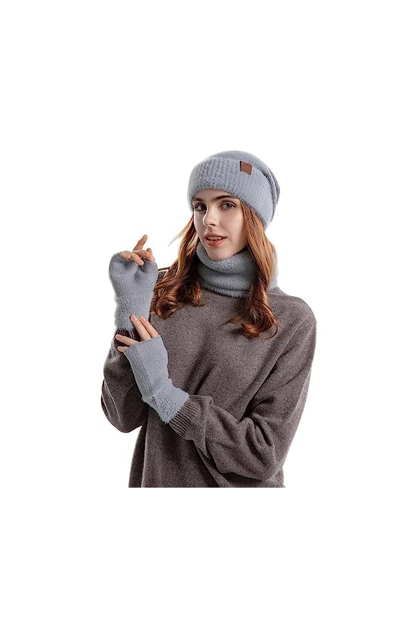 Packs Bonnet, Écharpe et Gants Femme, Chapeau Echarpe et Gants Sans Doigts 3 en 1 Doublés en Polaire pour Femme