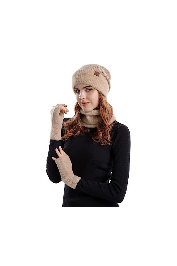 Packs Bonnet, Écharpe et Gants Femme, Chapeau Echarpe et Gants Sans Doigts 3 en 1 Doublés en Polaire pour Femme