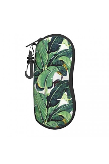 Étui à lunettes en néoprène avec motif feuilles de bananier tropicales - Ultra léger et pratique - Avec mousqueton, Noir , ta