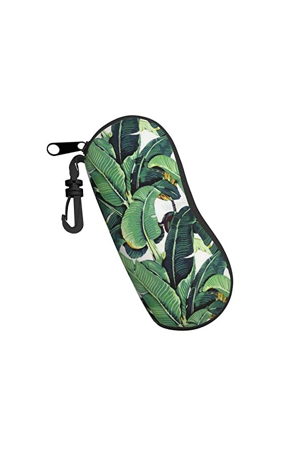 Étui à lunettes en néoprène avec motif feuilles de bananier tropicales - Ultra léger et pratique - Avec mousqueton, Noir , ta