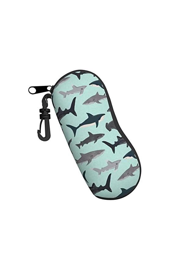 Étui à lunettes en néoprène avec motif requin - Ultra léger et pratique - Avec mousqueton, Noir , taille unique