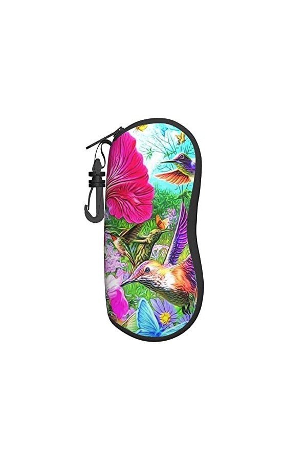 Étui à lunettes de soleil en néoprène ultra léger et pratique avec mousqueton Motif floral et colibri, Noir , taille unique