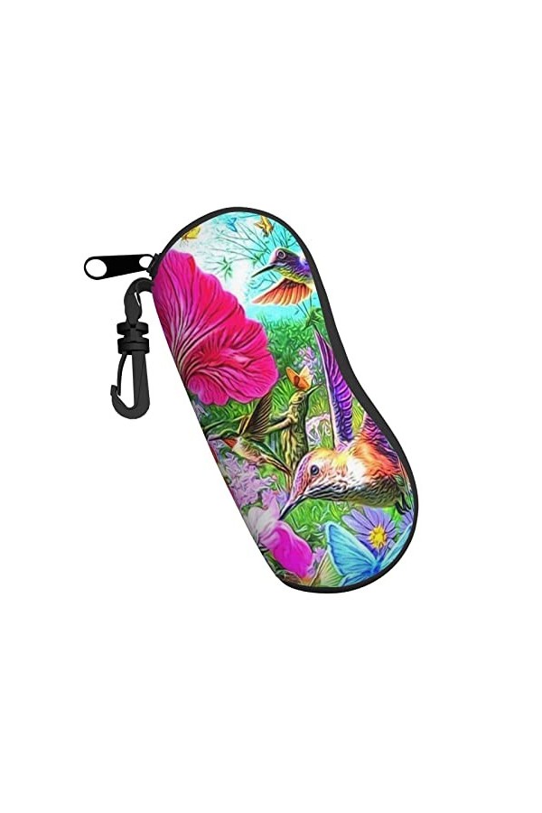 Étui à lunettes de soleil en néoprène ultra léger et pratique avec mousqueton Motif floral et colibri, Noir , taille unique