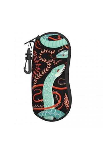 Étui à lunettes en néoprène avec motif serpent et fleurs - Ultra léger et pratique - Avec mousqueton, Noir , taille unique