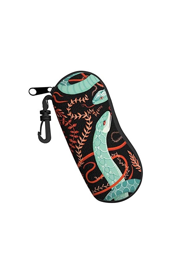 Étui à lunettes en néoprène avec motif serpent et fleurs - Ultra léger et pratique - Avec mousqueton, Noir , taille unique