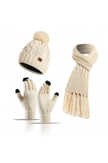Jarseila Ensemble Bonnet Echarpe Gant dhiver Femme 3 pièces Echarpe Tricotée Pompon Beanie Foulards Gants à Écran Longue