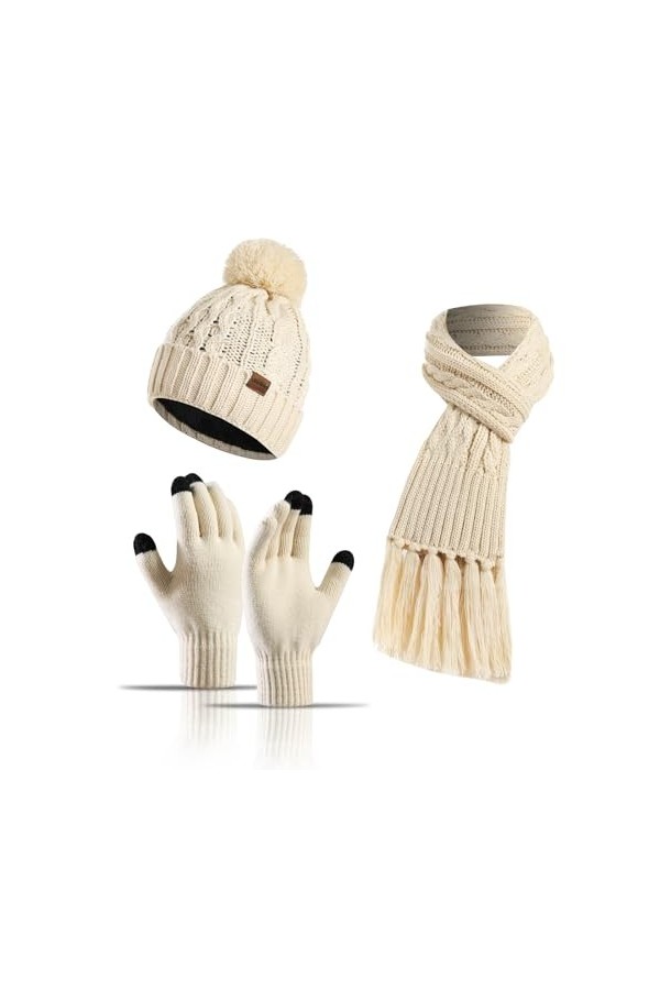 Jarseila Ensemble Bonnet Echarpe Gant dhiver Femme 3 pièces Echarpe Tricotée Pompon Beanie Foulards Gants à Écran Longue