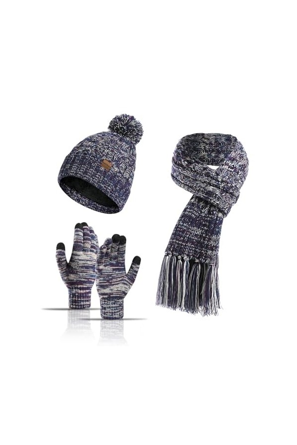 Jarseila Ensemble Bonnet Echarpe Gant dhiver Femme 3 pièces Echarpe Tricotée Pompon Beanie Foulards Gants à Écran Longue