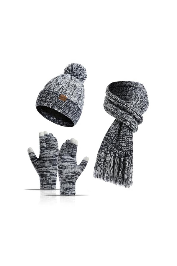 Jarseila Ensemble Bonnet Echarpe Gant dhiver Femme 3 pièces Echarpe Tricotée Pompon Beanie Foulards Gants à Écran Longue