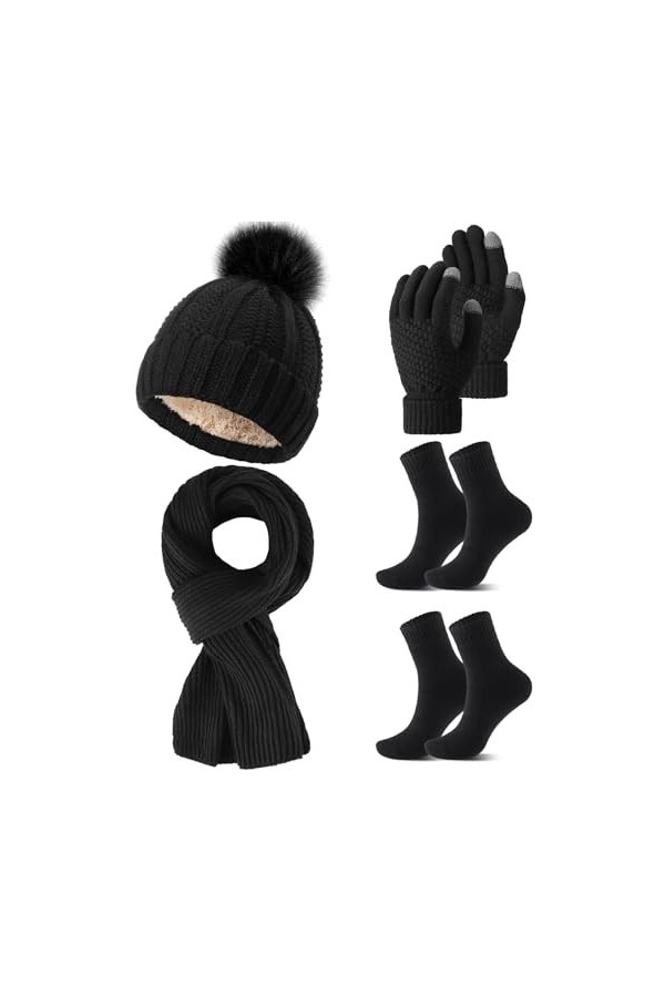 Sinmoe 5 Pièces Ensemble de Bonnet Écharpe Gants en Tricot pour Femme Bonnet en Tricot Gants Tricotés à Écran Tactile Chausse