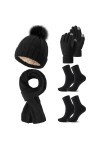 Sinmoe 5 Pièces Ensemble de Bonnet Écharpe Gants en Tricot pour Femme Bonnet en Tricot Gants Tricotés à Écran Tactile Chausse