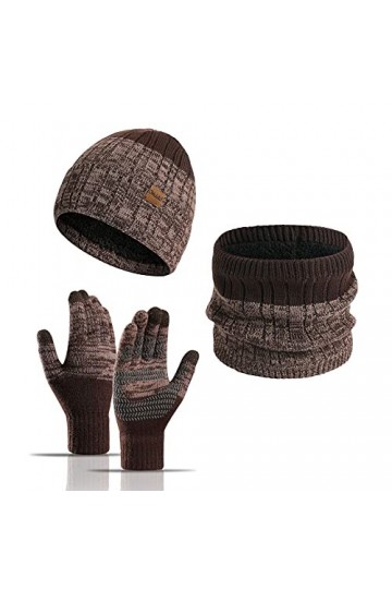 3 Pièces Ensemble Chapeau et Gants Homme,Hiver Bonnet Echarpe et Ensemble de Gants à écran Tactile Chapeau Tricoté Thermique 
