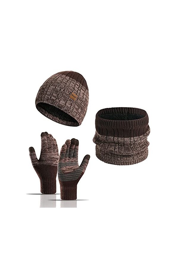 3 Pièces Ensemble Chapeau et Gants Homme,Hiver Bonnet Echarpe et Ensemble de Gants à écran Tactile Chapeau Tricoté Thermique 