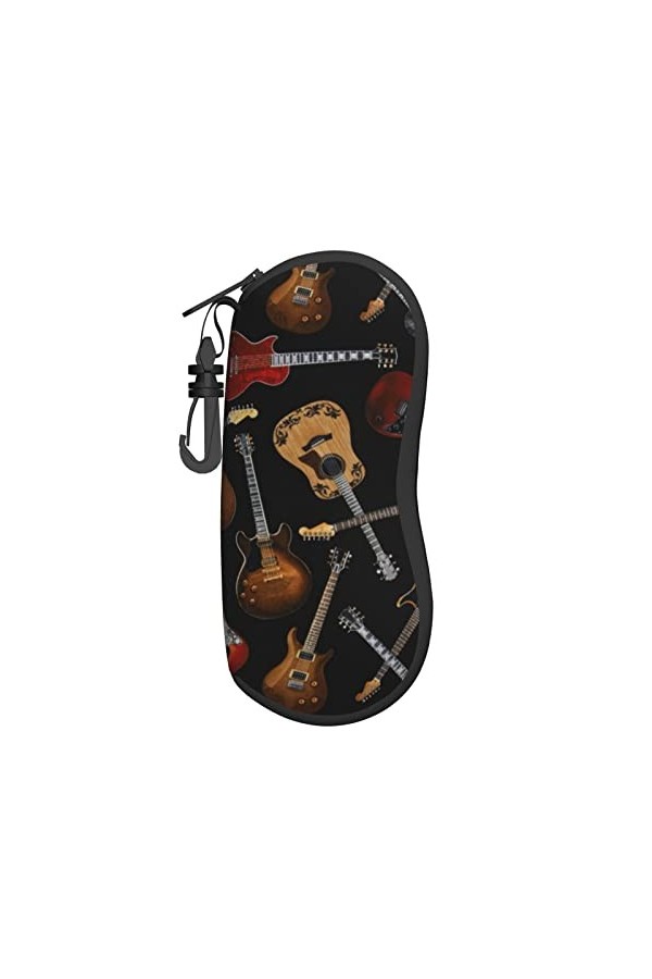 Étui à lunettes avec motif guitares et lunettes de soleil en néoprène souple, ultra léger et pratique avec mousqueton, Noir ,