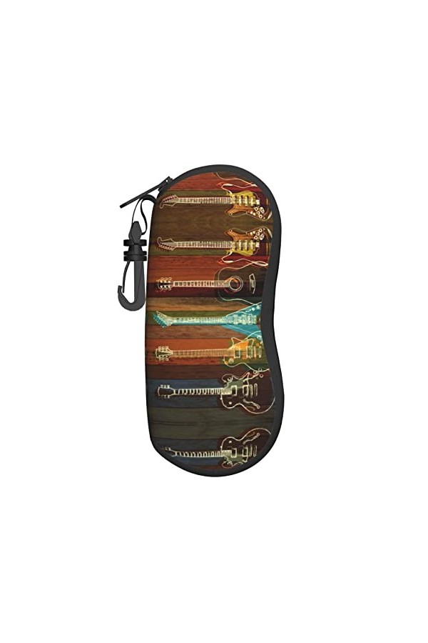 Étui à lunettes en néoprène avec motif guitares et lunettes de soleil - Ultra léger et pratique - Avec mousqueton, Noir , tai