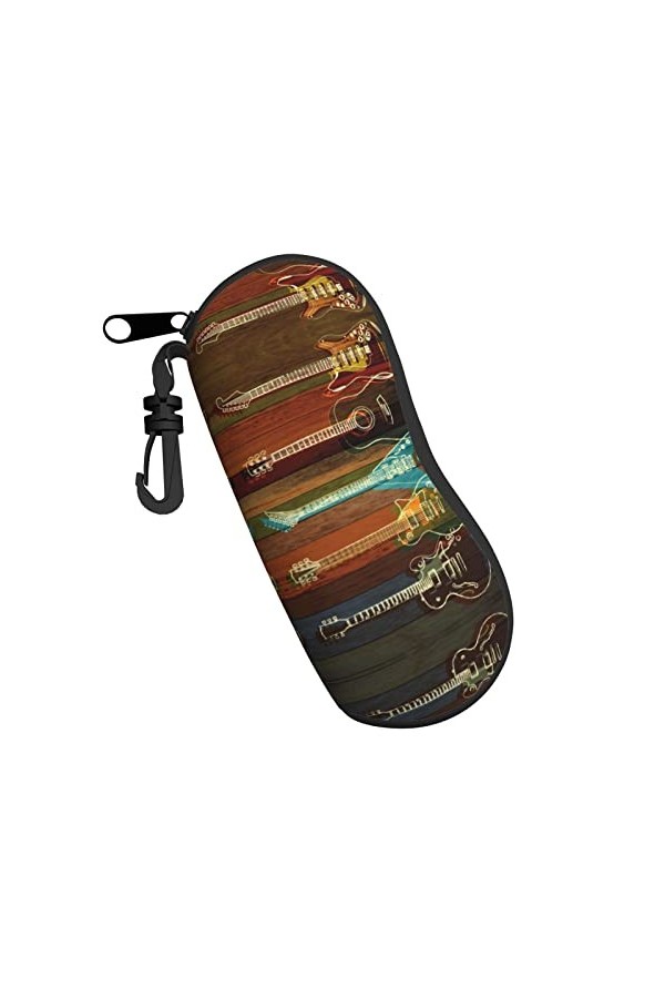 Étui à lunettes en néoprène avec motif guitares et lunettes de soleil - Ultra léger et pratique - Avec mousqueton, Noir , tai
