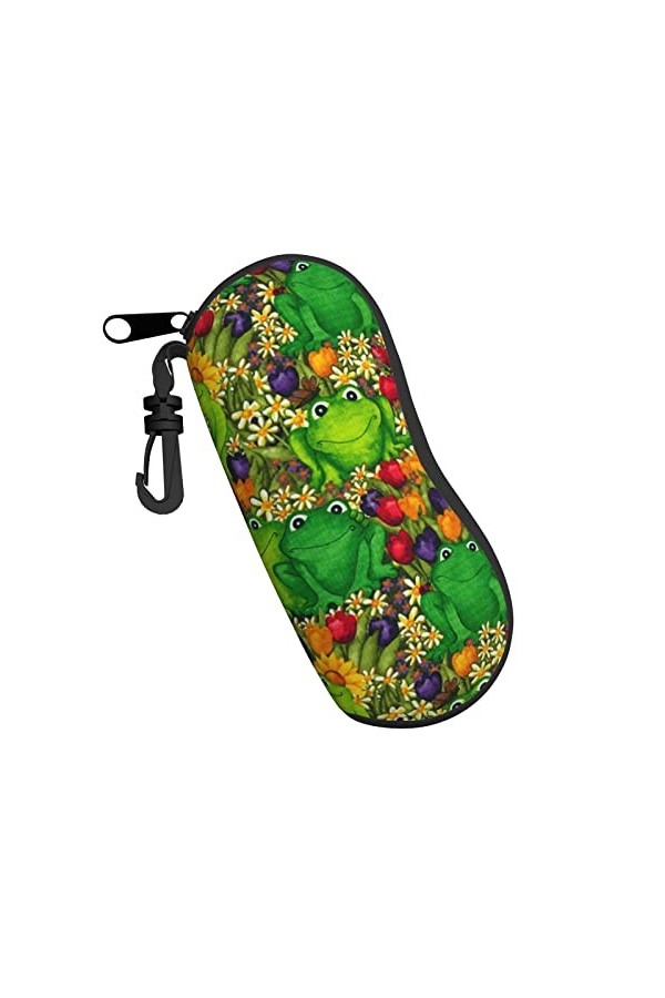 Étui à lunettes en néoprène avec motif grenouille - Ultra léger et pratique - Avec mousqueton, Noir , taille unique