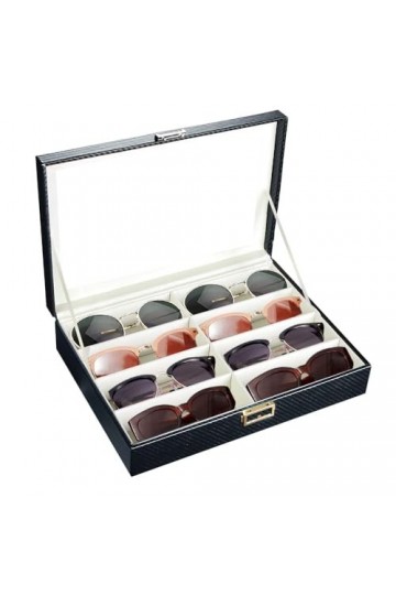 BLIENCE Boîte à lunettes, PU Cuir Étuis à lunettes homme, Noire boite a lunettes rangement avec 8 Compartiments, Serrures en 