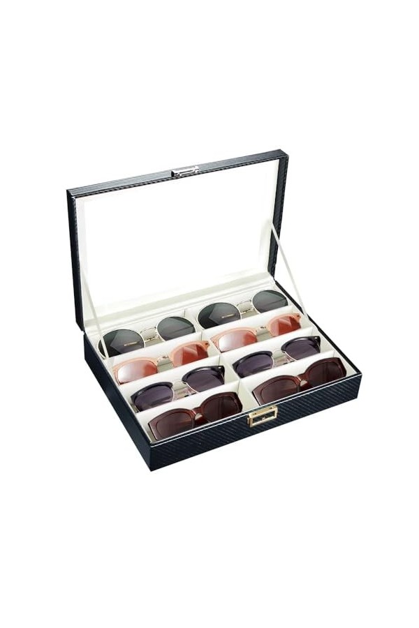 BLIENCE Boîte à lunettes, PU Cuir Étuis à lunettes homme, Noire boite a lunettes rangement avec 8 Compartiments, Serrures en 