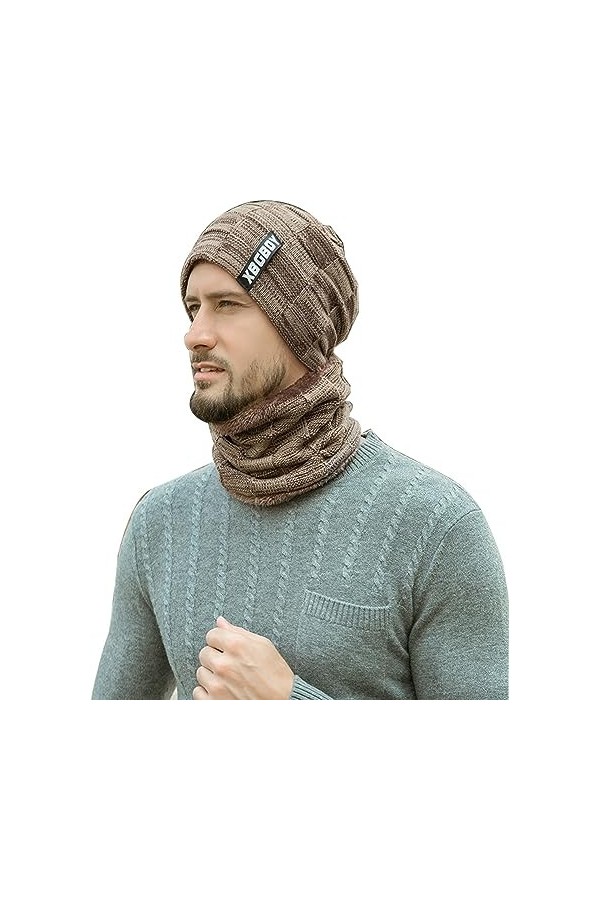 YXQSED 2 en 1 Chaud Bonnet Chapeau Écharpe Tricot et Tour de Cou avec Doublure Polaire Ensemble Bonnet Echarpe Homme Femme Bo