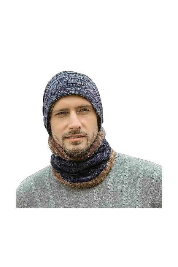 YXQSED 2 en 1 Chaud Bonnet Chapeau Écharpe Tricot et Tour de Cou avec Doublure Polaire Ensemble Bonnet Echarpe Homme Femme Bo
