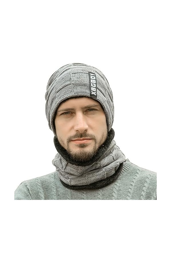 YXQSED 2 en 1 Chaud Bonnet Chapeau Écharpe Tricot et Tour de Cou avec Doublure Polaire Ensemble Bonnet Echarpe Homme Femme Bo