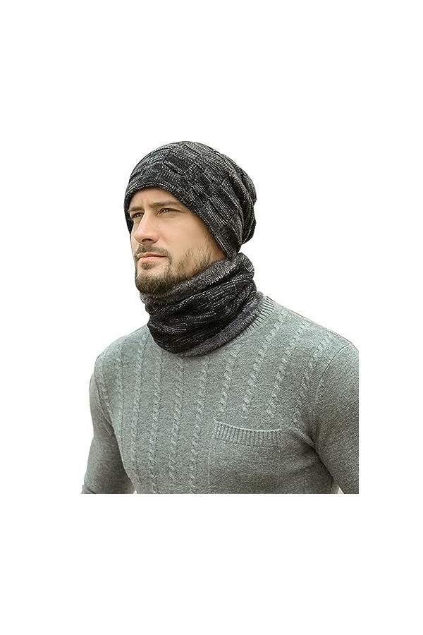 YXQSED 2 en 1 Chaud Bonnet Chapeau Écharpe Tricot et Tour de Cou avec Doublure Polaire Ensemble Bonnet Echarpe Homme Femme Bo