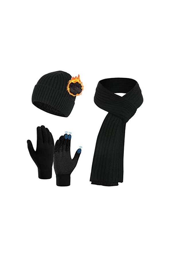 QUNERY Bonnets, Écharpe et Gants 3er, Echarpe Homme Femme Hiver Bonnet Tricoté Gants Tactiles avec Particules Antidérapantes 