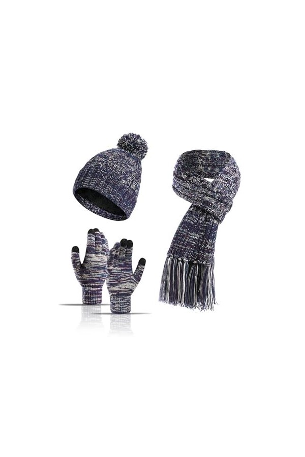 QUNERY Bonnets, Écharpe et Gants Femme 12er Set, Hiver Bonnet Tricoté Chaud et Gants Tactiles Doublure Polaire, Longue Écharp