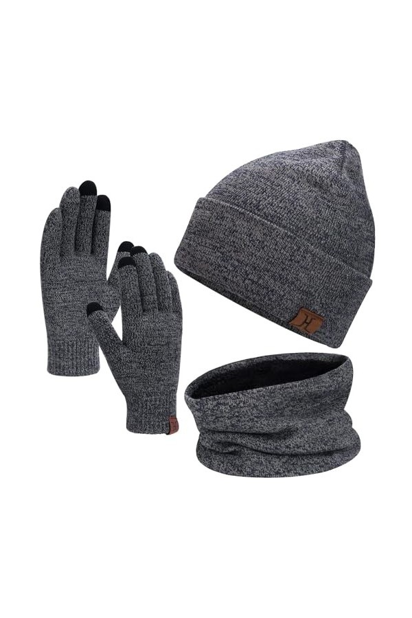 Bequemer Laden Hommes Femmes Hiver Chaud Bonnet Gants Tactiles Écharpe Tricoter Ensemble avec Doublure Polaire Cadeaux Noel F