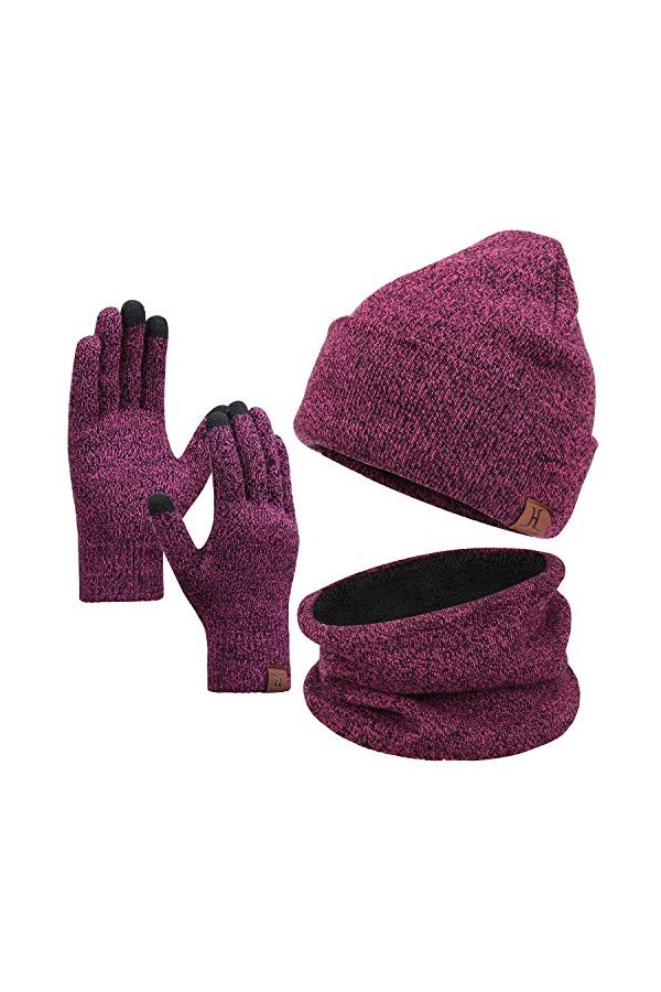 Bequemer Laden Hommes Femmes Hiver Chaud Bonnet Gants Tactiles Écharpe Tricoter Ensemble avec Doublure Polaire Cadeaux Noel F