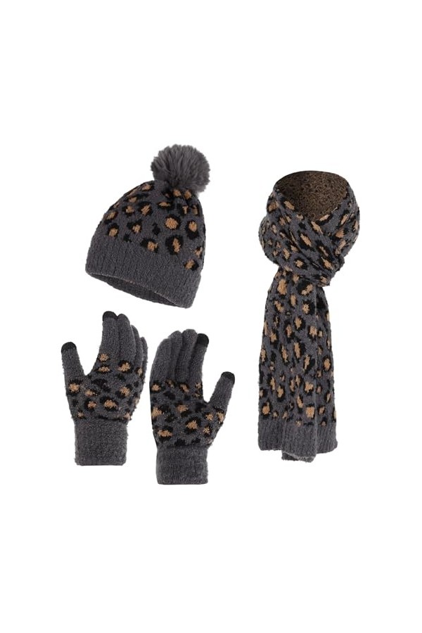 Ensemble Bonnet Écharpe Gants Femme,Echarpe et Ensemble de Gants à écran Tactile Chapeau Tricoté Thermique 3 Pièces Echarpe D
