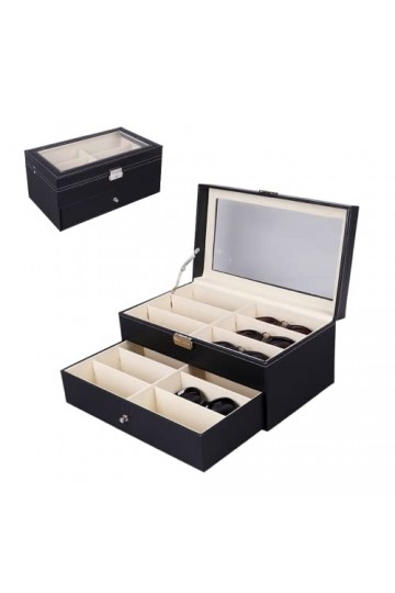 MAGIC SELECT Boite a Lunette de Soleil en Simili Cuir -12 Compartiments-. Etui de Présentation avec Couvercle en Verre Transp
